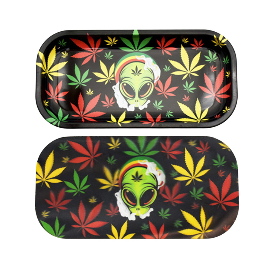 Alien 3D Lenticular Rolling Tray - Black rolling tray with colorful cannabis leaves and a green alien skull in a 3D lenticular design.