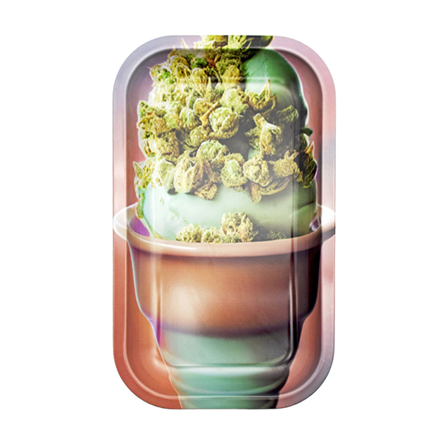 Bud Cone Rolling Tray - Rounded rolling tray with a colorful illustration of cannabis buds packed in a glass jar.