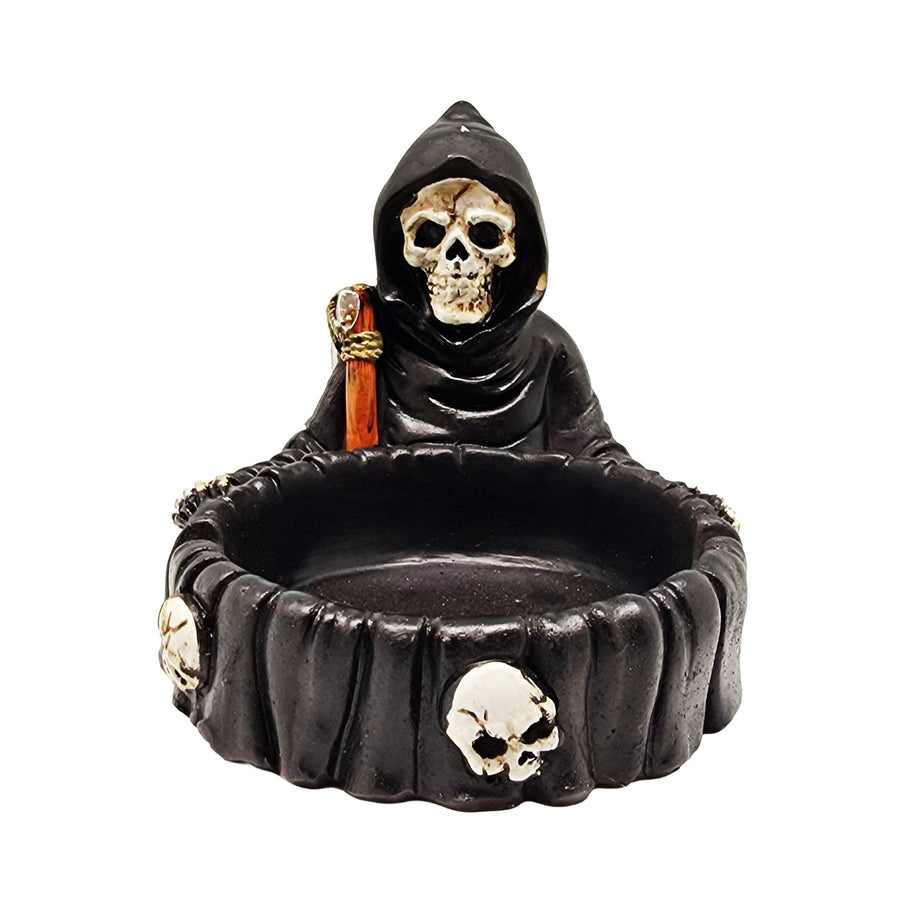 Tall Reaper Ashtray - Black reaper ashtray with a ribbed bowl, hooded skull figure, and small skull accents.