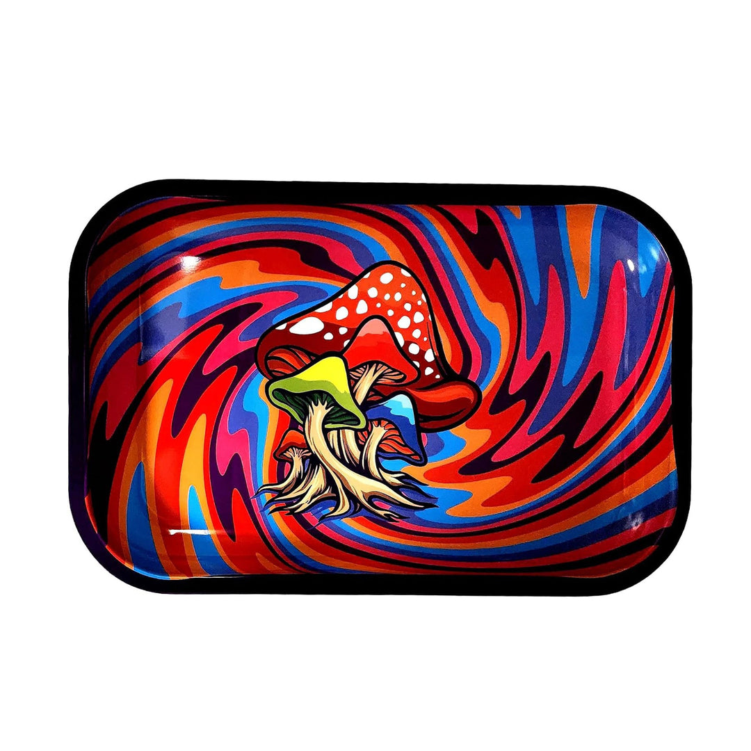 Black-edged rectangular rolling tray featuring a mushroom amid a vivid red, blue, and orange swirl.