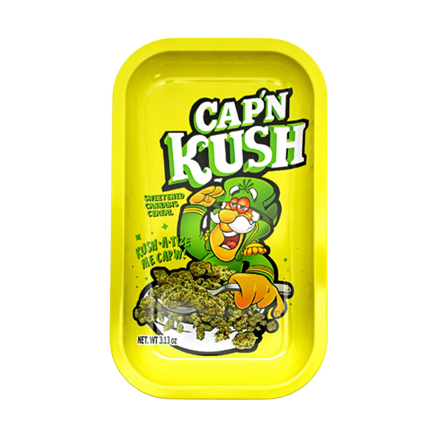 Cap'n Kush Rolling Tray - Bright yellow Cap’n Kush rolling tray with rounded edges and a cartoon cannabis mascot graphic.
