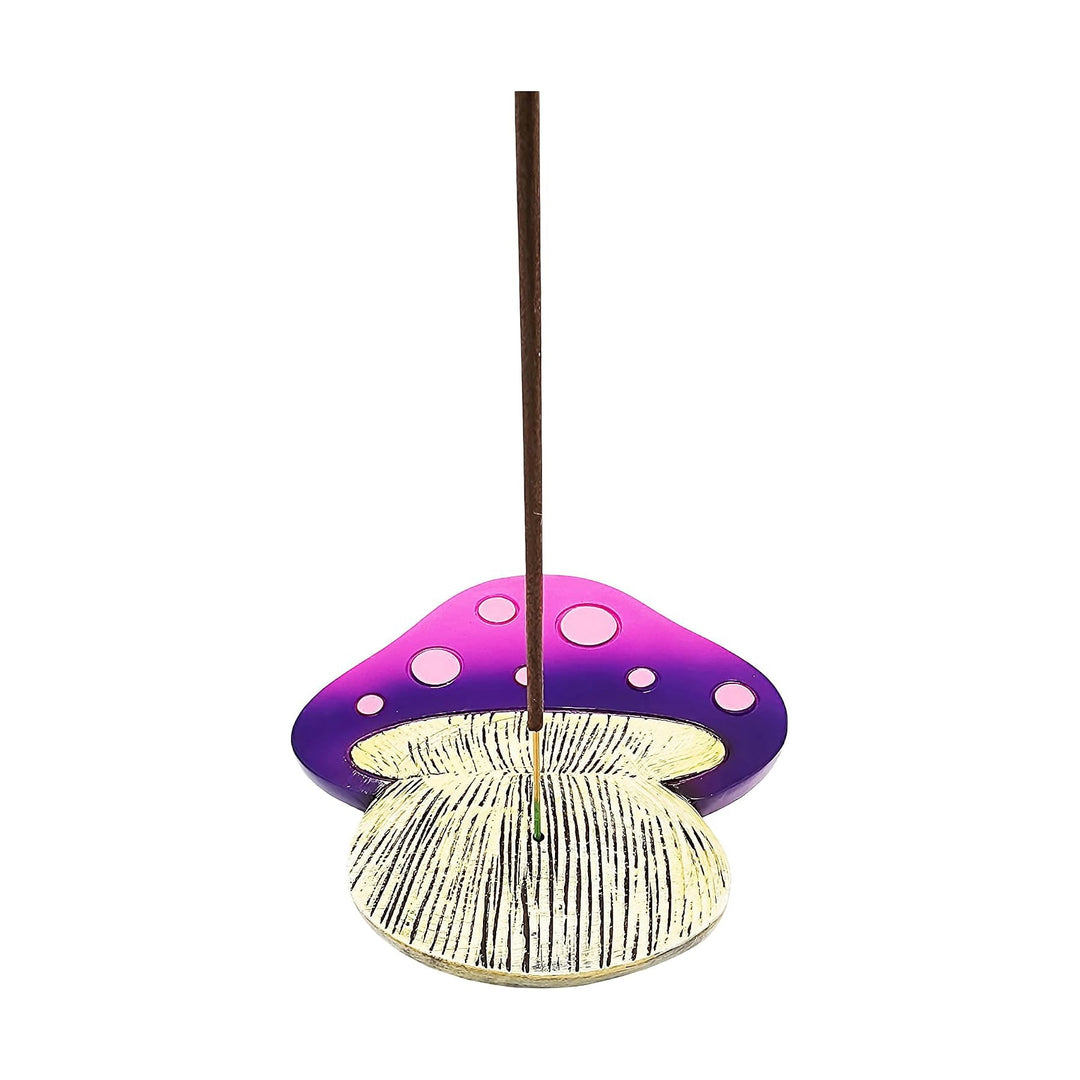 Flat Mushroom Incense Burner - Flat mushroom-shaped incense burner with a purple spotted cap and cream striped base, holding an incense stick.