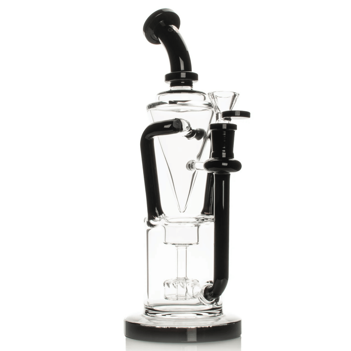 Clear glass 11-inch bubbler with a black curved mouthpiece, side neck, and round black base.