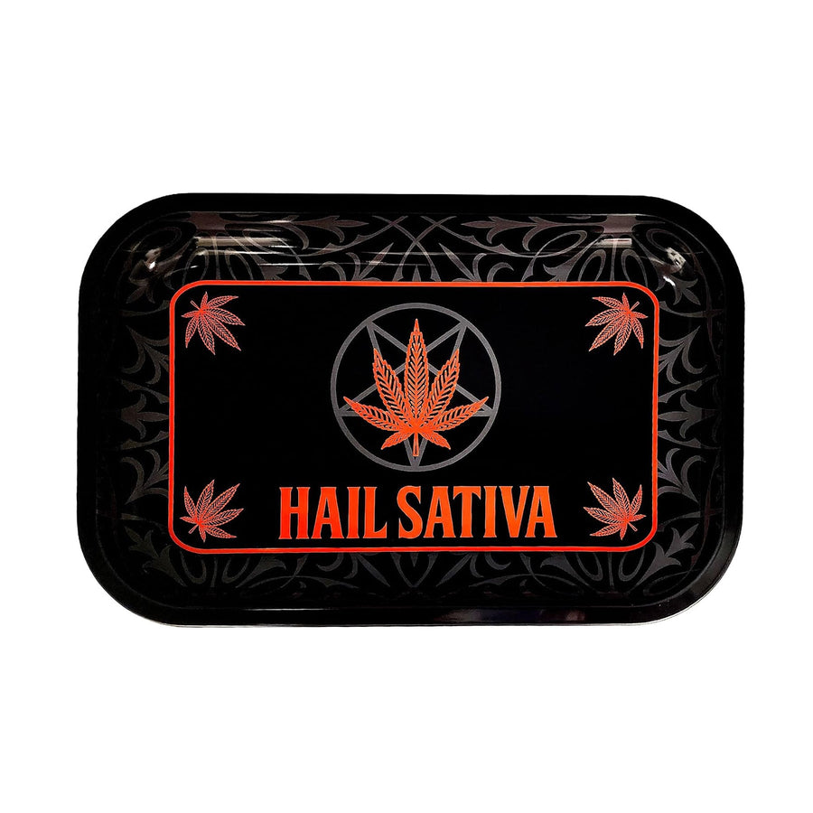 Hail Sativa Rolling Tray - Black rolling tray with red Hail Sativa lettering and a cannabis leaf graphic, framed by red corner accents.
