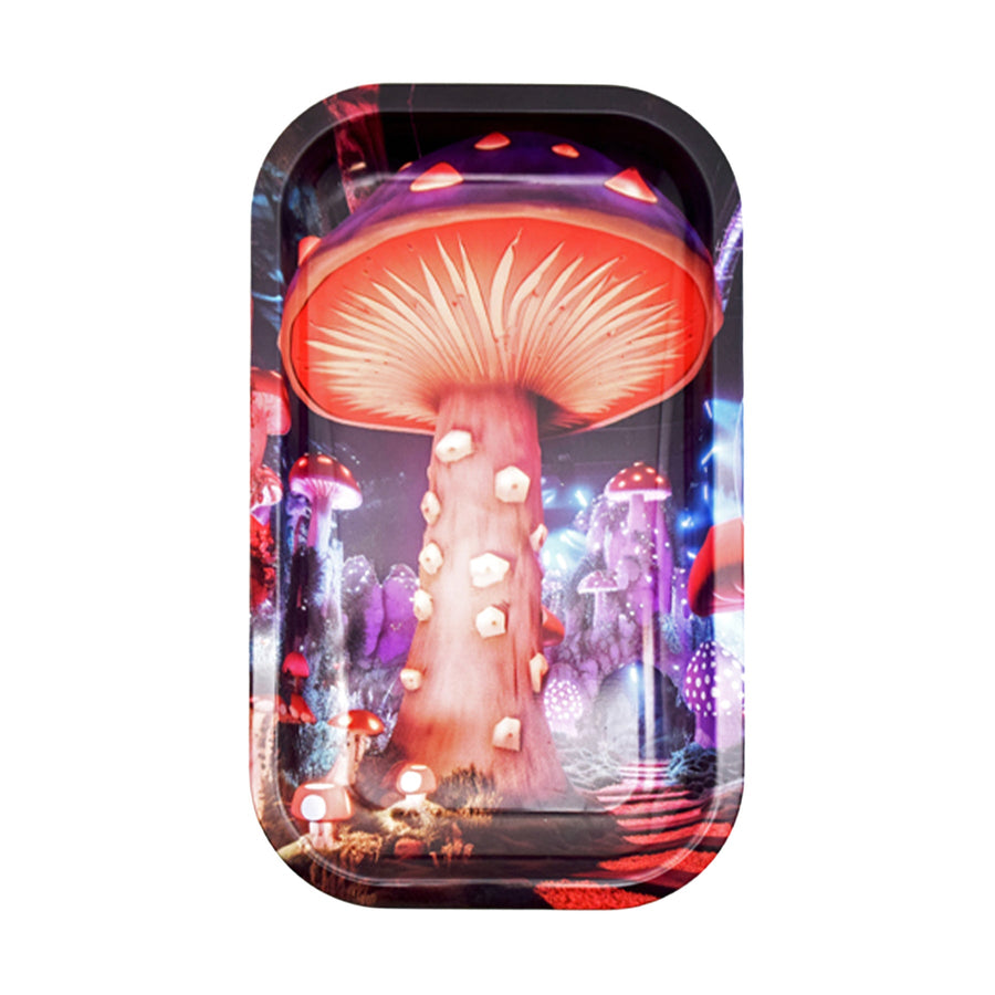 Mushroom Rolling Tray - Rectangular rolling tray with a vivid red-and-purple mushroom forest design and rounded corners.
