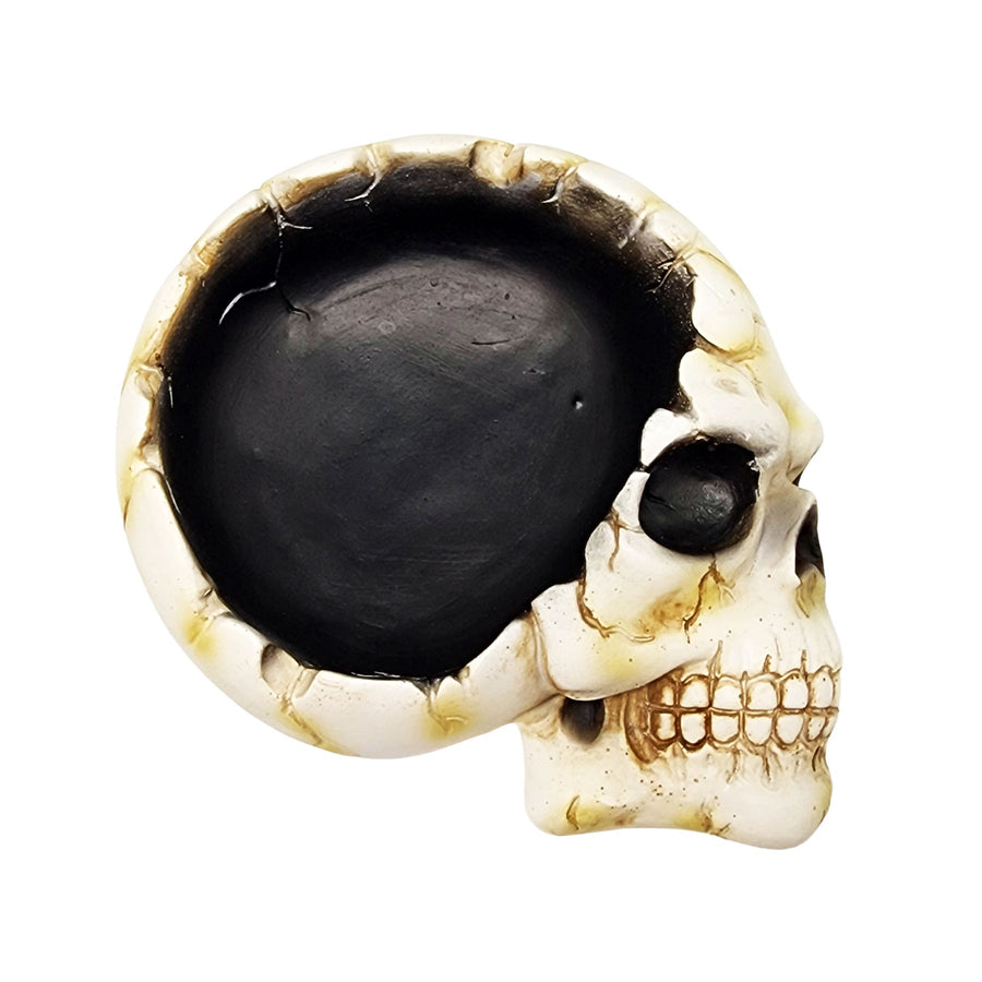 Open Skull Ashtray - Ivory skull-shaped ashtray with a deep black bowl and aged, cracked detailing.