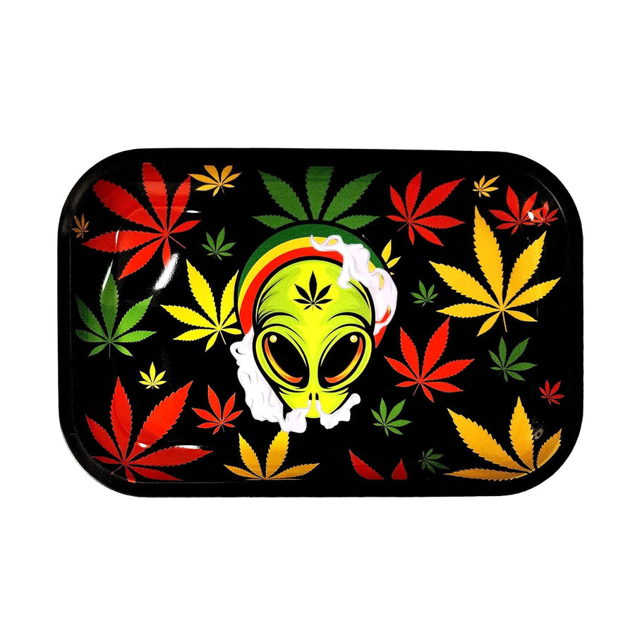 Rasta Alien Rolling Tray - Black rolling tray with a bright green alien skull surrounded by red, yellow, and green cannabis leaves.