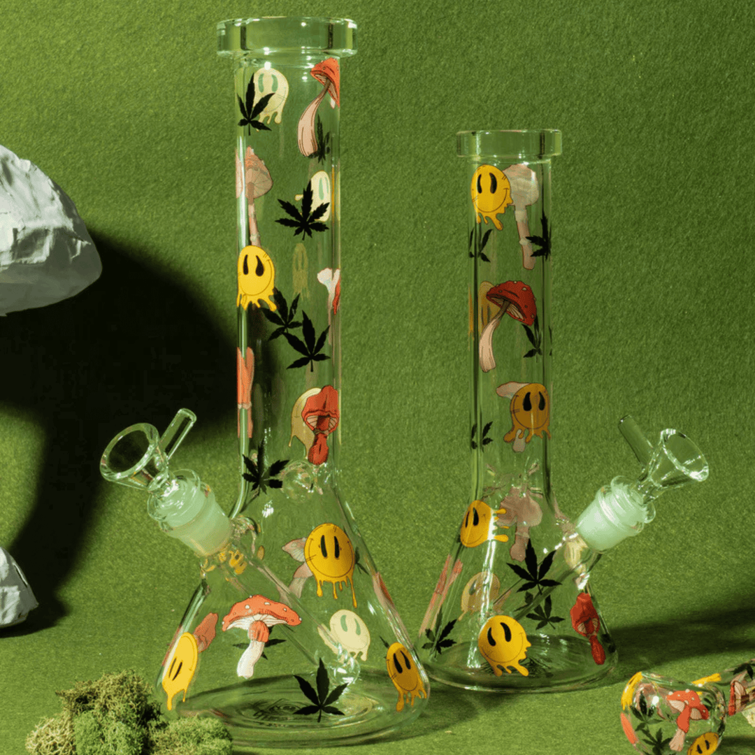 Red Eye Glass 10" & 12" Smiley Shrooms Bong