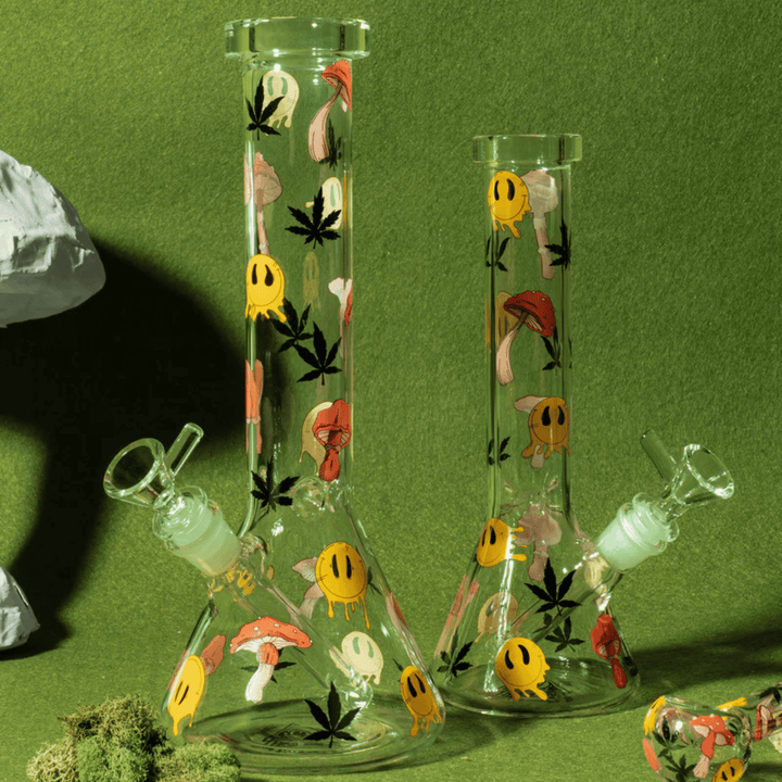 Red Eye Glass 10" & 12" Smiley Shrooms Bong