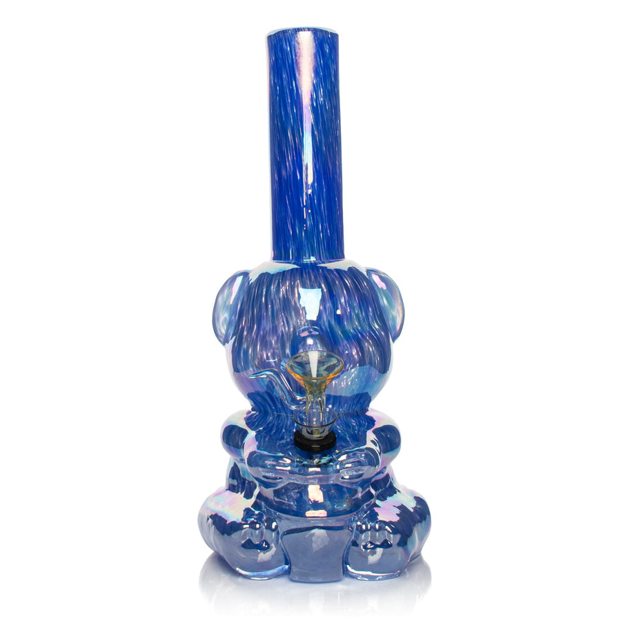 Blue swirled glass bear-shaped bong with a tall straight neck and rounded paw-like base.