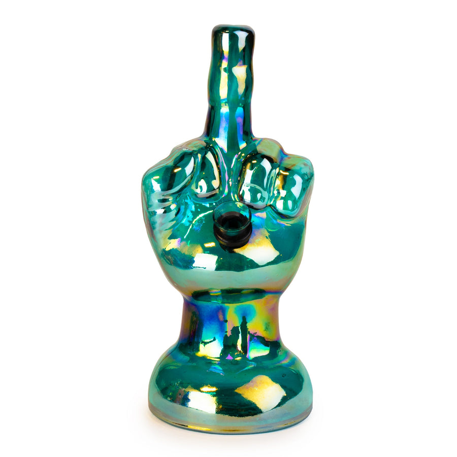 Iridescent green and blue glass bong shaped like a raised middle finger, with a round base and black bowl.