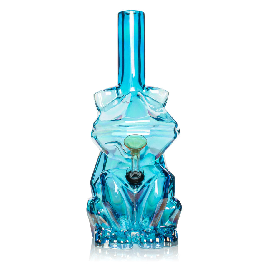 Blue translucent glass frog-shaped bong with a tall neck and sculpted, faceted body.