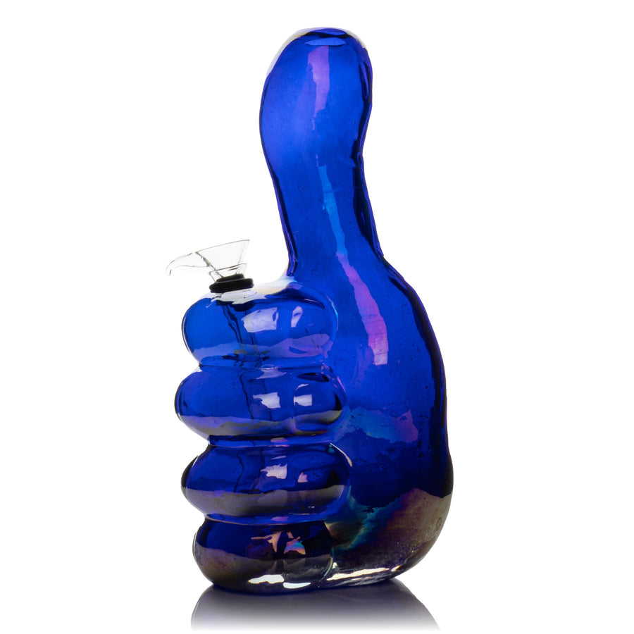 Cobalt blue glass bong shaped like a raised thumbs-up hand with stacked finger ridges.