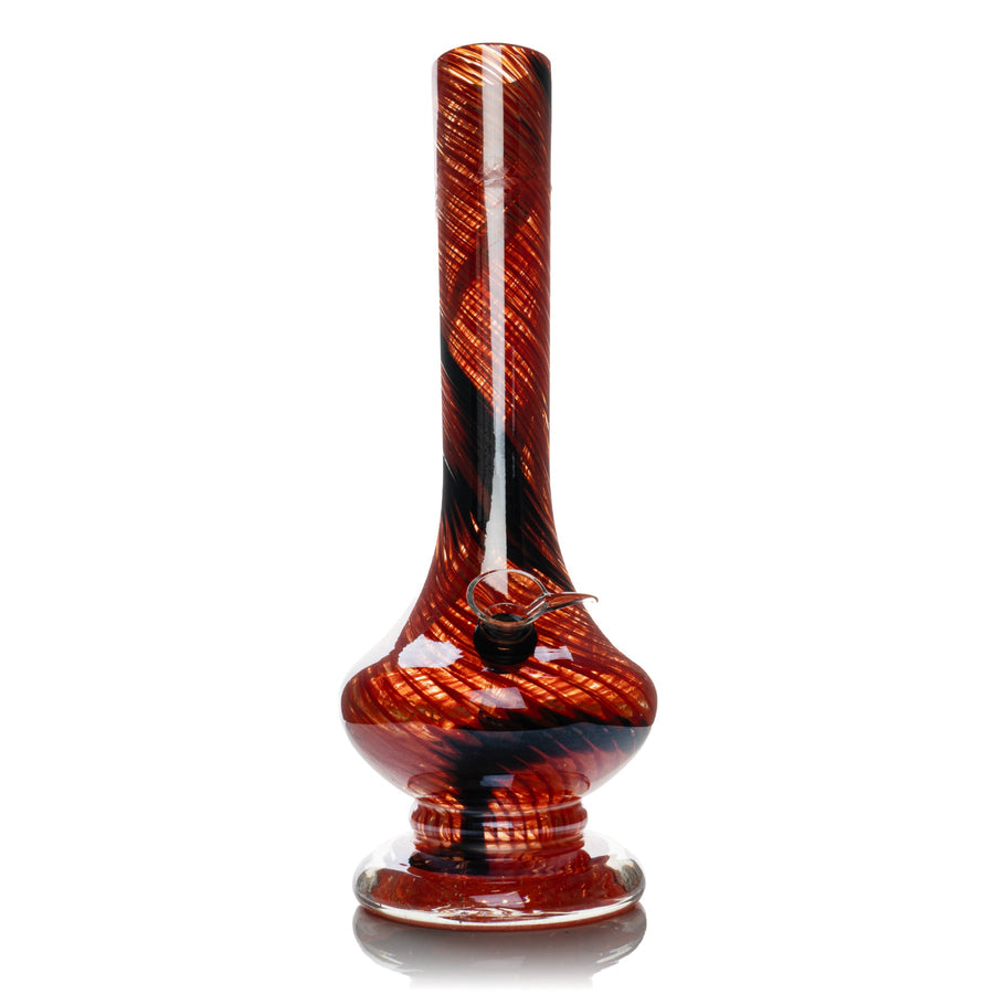 12-inch retro glass bong with a tall red and amber swirled neck and rounded base.
