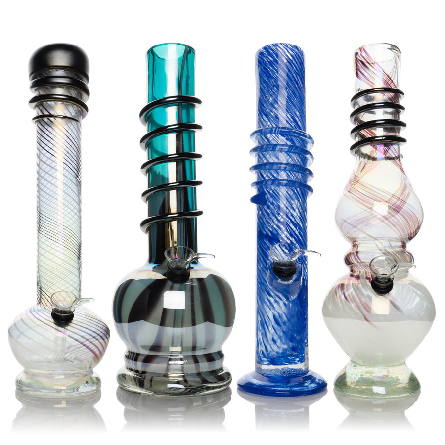 Four retro glass bongs in assorted colors, with ribbed stems, bulbous bases, and black spiral accents.
