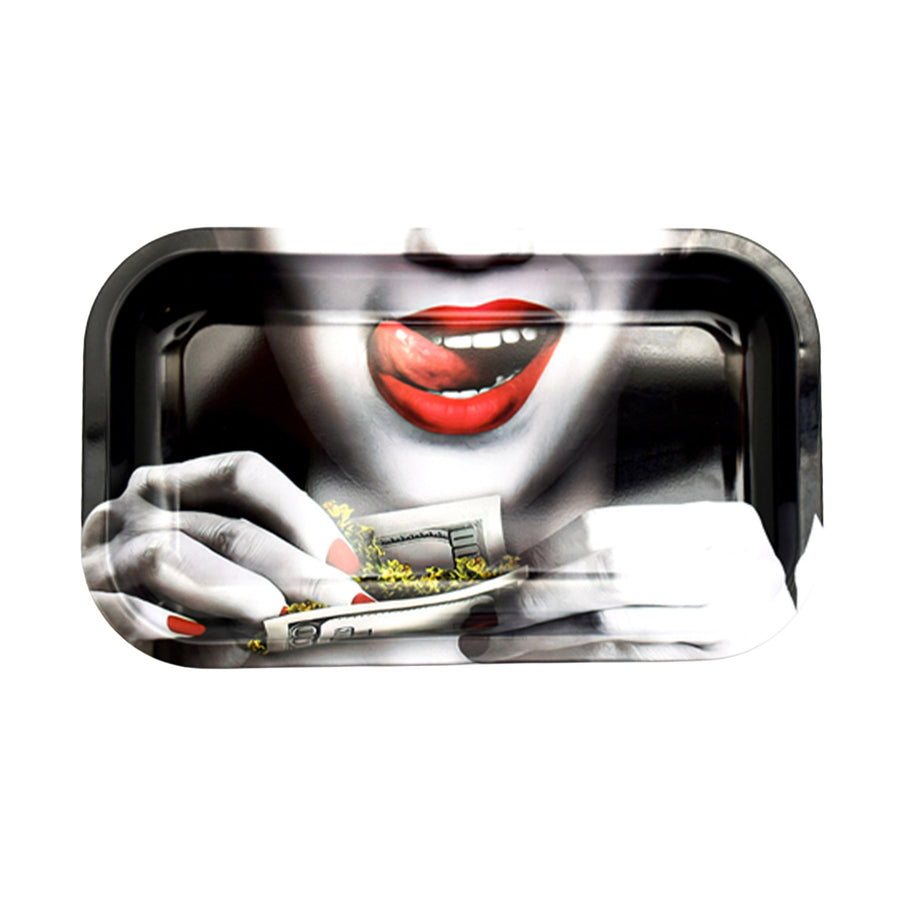 Tongue Rolling Tray - Black metal rolling tray featuring a red-lipped tongue graphic and gloved hands handling papers and herbs.