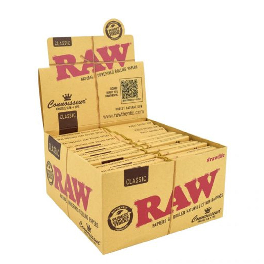 Raw Classic King Size Slim Connoisseur Rolling Papers W/Tips (Display of 24)