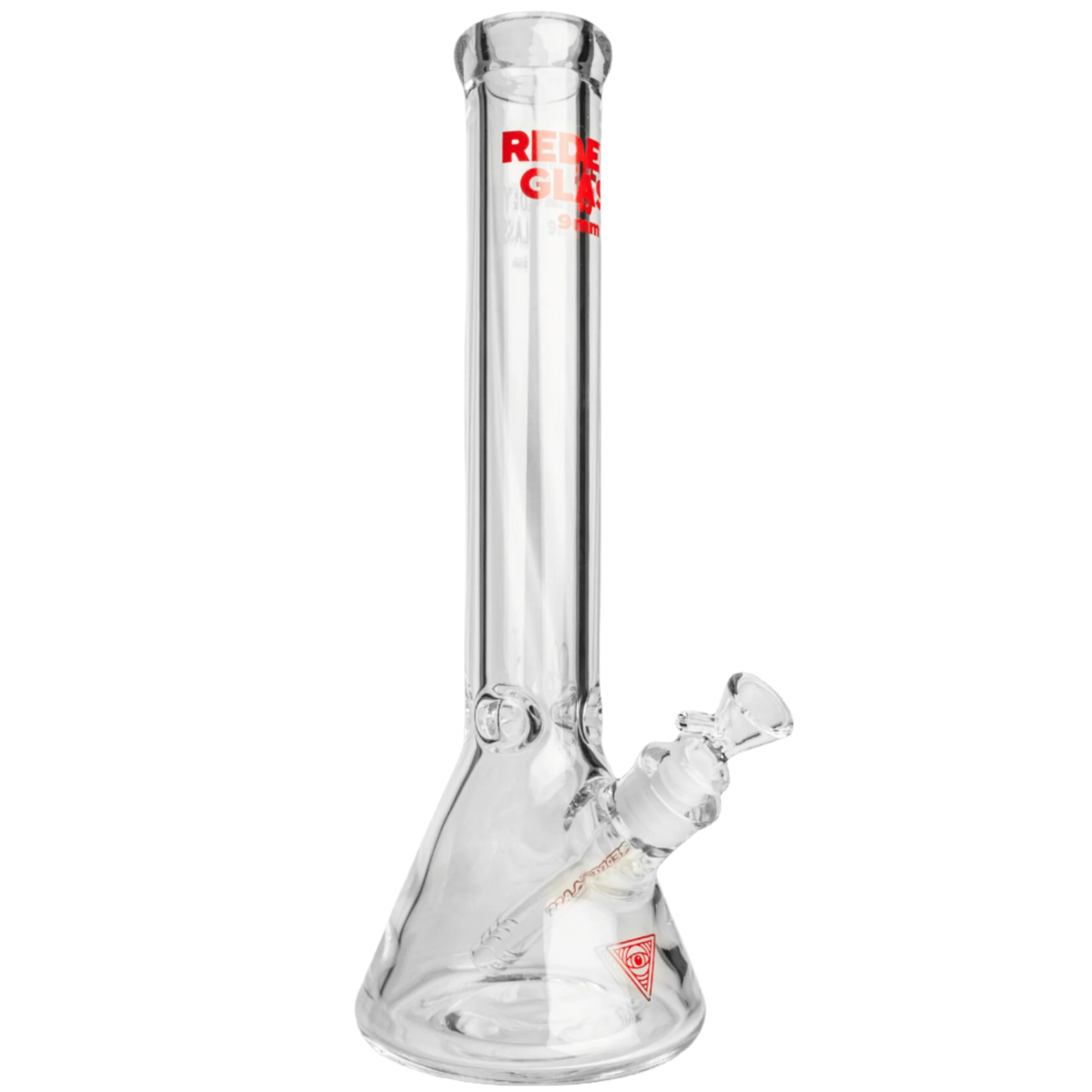 Clear glass beaker bong with a thick base, angled joint, and red logo.
