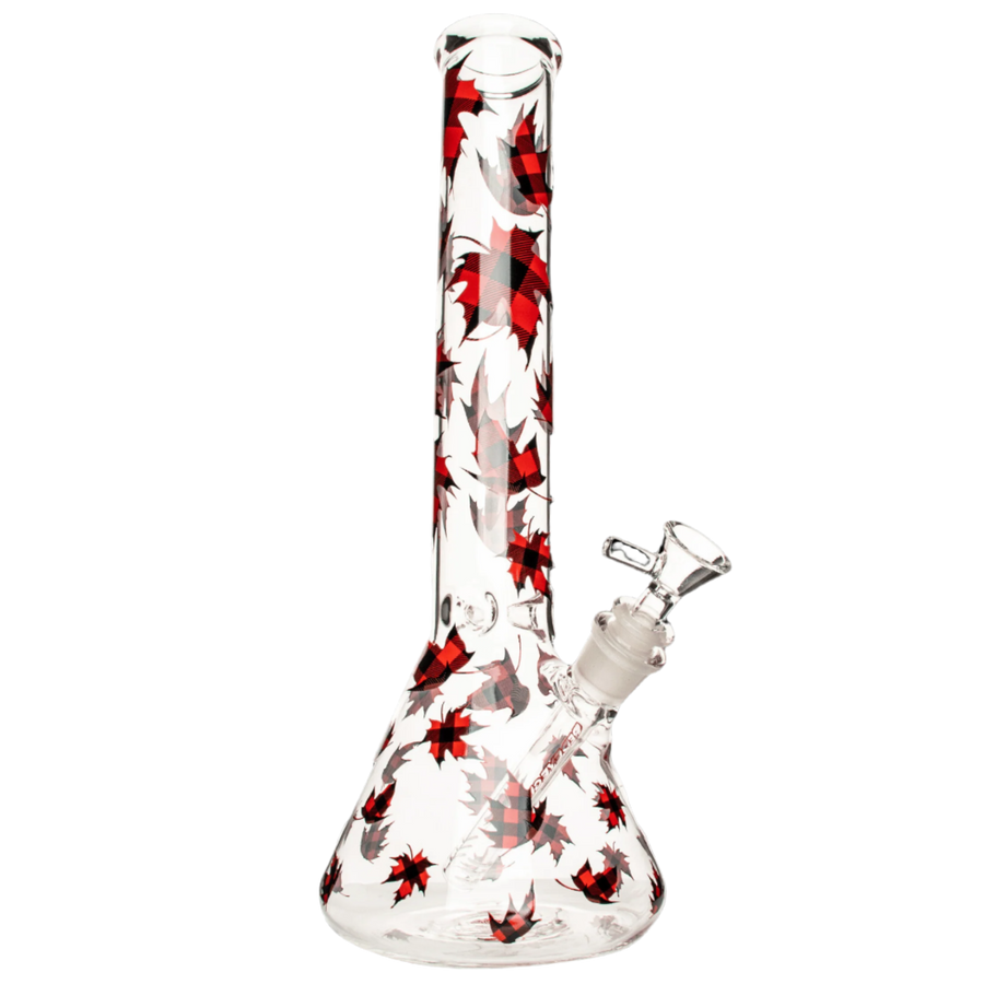 Red Eye Glass | 15" Plaid Maple Leaf Beaker Base Water Pipe - Canadian Vaporizers