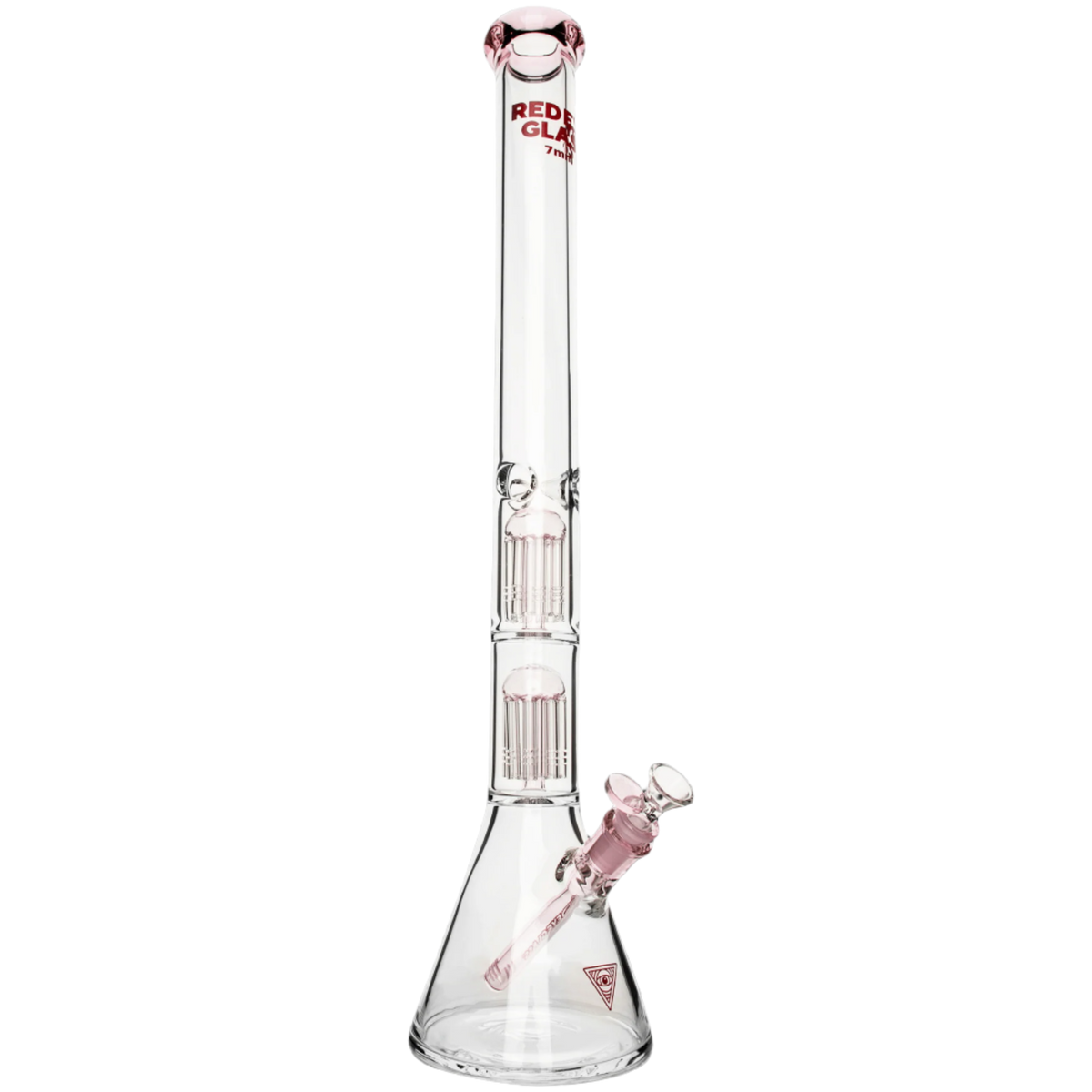 Clear glass triple-chamber beaker bong with pink accents, a 24-inch tube, and thick glass base.