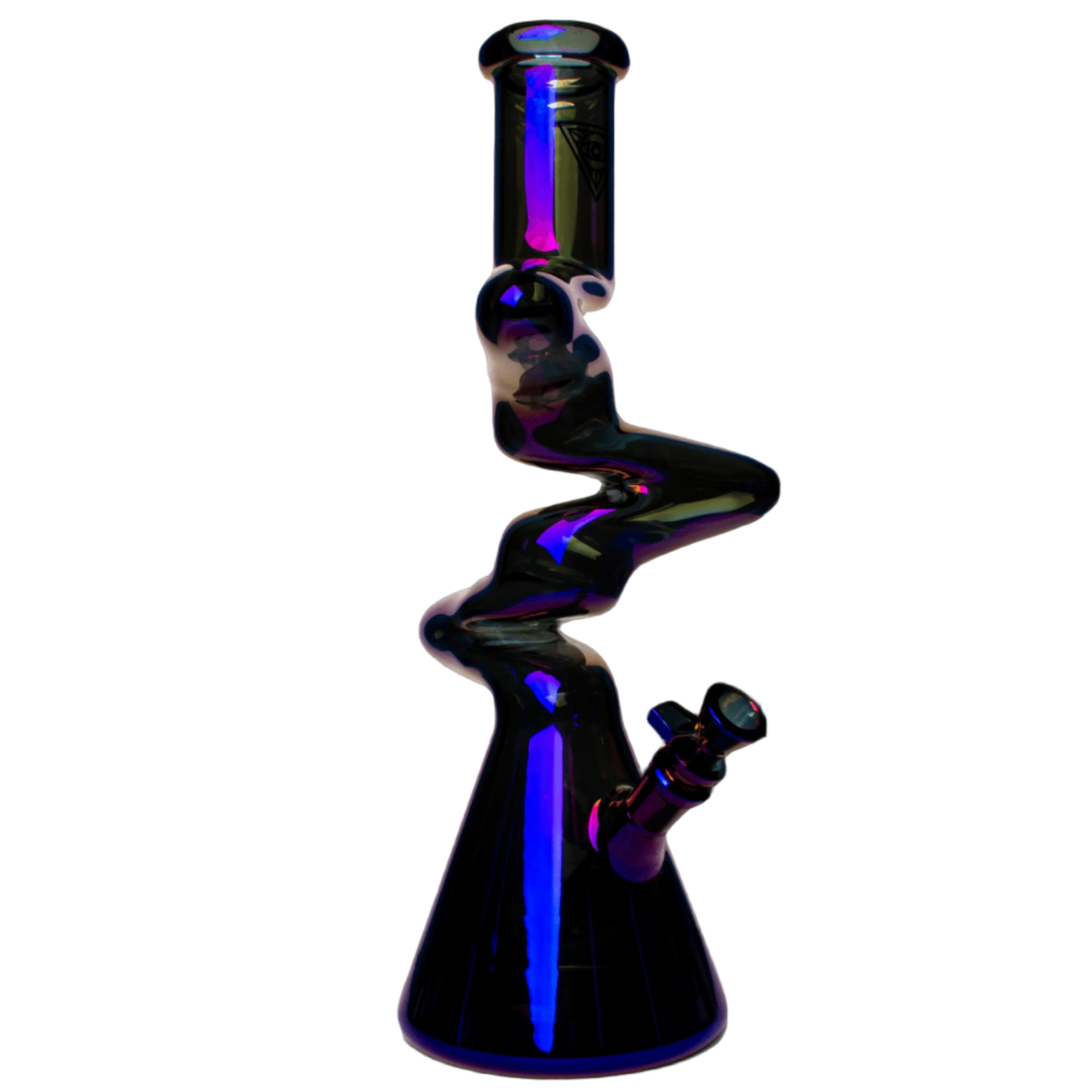 Metallic rainbow-finish beaker tube with a zigzag neck, blue accents, and three-arm percolator.
