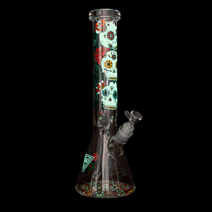 Red Eye Glass 15" 7mm Thick Sugar Skull Glow-in-the-Dark Bong