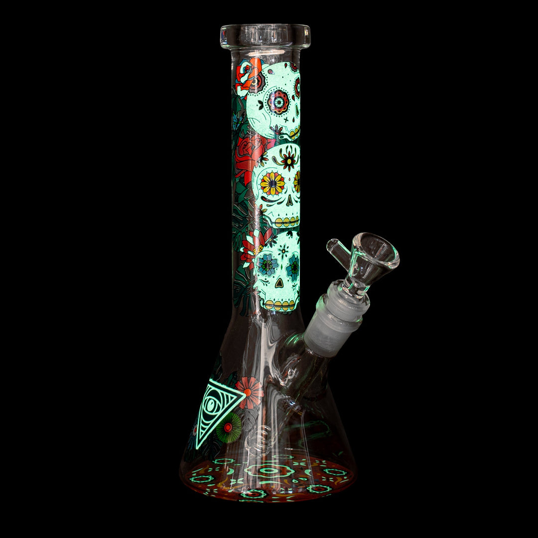 Red Eye Glass 10" Sugar Skull Glow in the Dark Bong