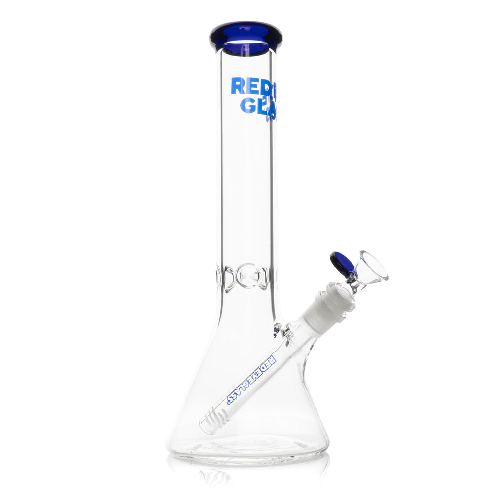 Clear glass beaker bong with a blue-rimmed mouthpiece and angled bowl joint.