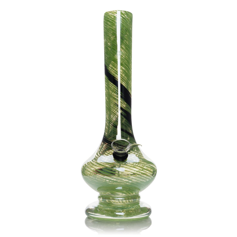 Green and black striped glass bong with a tall narrow neck, rounded chamber, and flared base.
