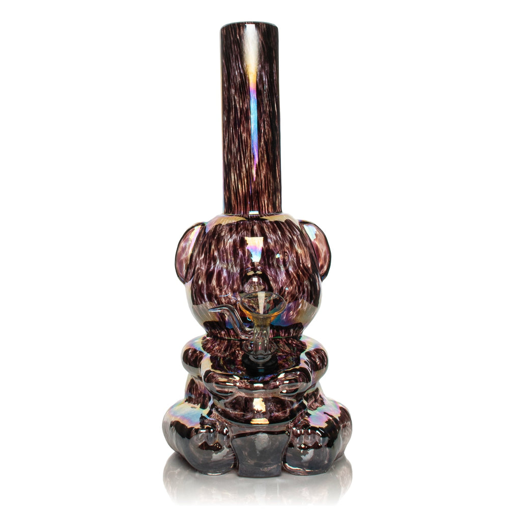 10-inch retro glass bong with an ornate honey-bear silhouette and dark iridescent finish.
